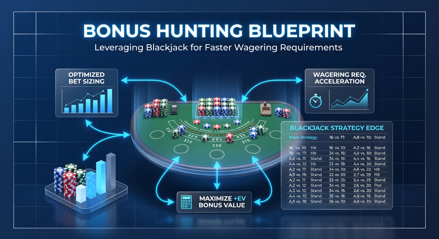 Detaillierte Infografik mit Blackjack-Strategietabelle, Bonus-Rechner und Wagering-Tracker für Hunter
