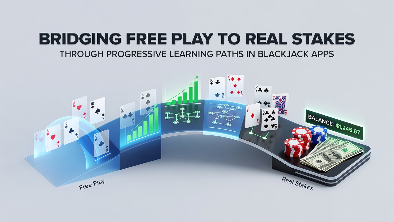 Illustration eines progressiven Lernpfads in einer Blackjack-App mit Übergang von Demo-Modi zu Echtgeld-Sitzungen