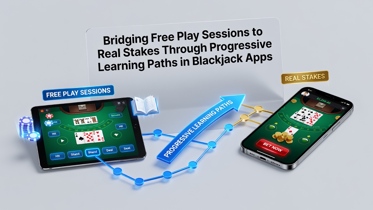 Darstellung von Stufen in einer Blackjack-App, die Freispiel zu Echtgeld-Übergängen visualisiert
