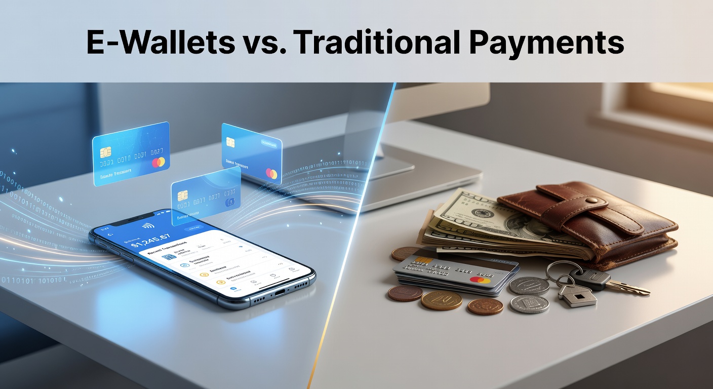 Grafik mit Balkendiagrammen zum Vergleich von Transaktionszeiten und Gebühren zwischen E-Wallets, Karten und Überweisungen