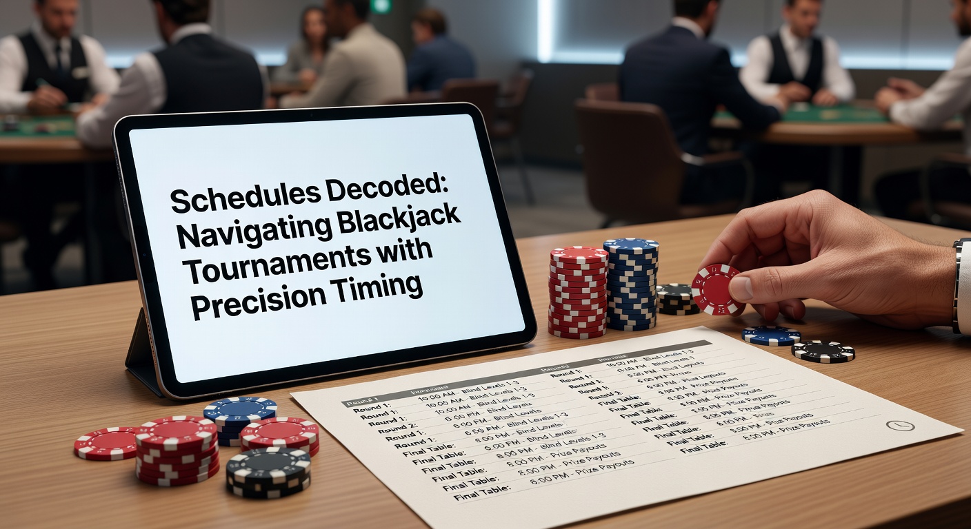 Spieler analysieren einen Blackjack-Turnierzeitplan auf einem Bildschirm, während Karten auf dem Tisch liegen