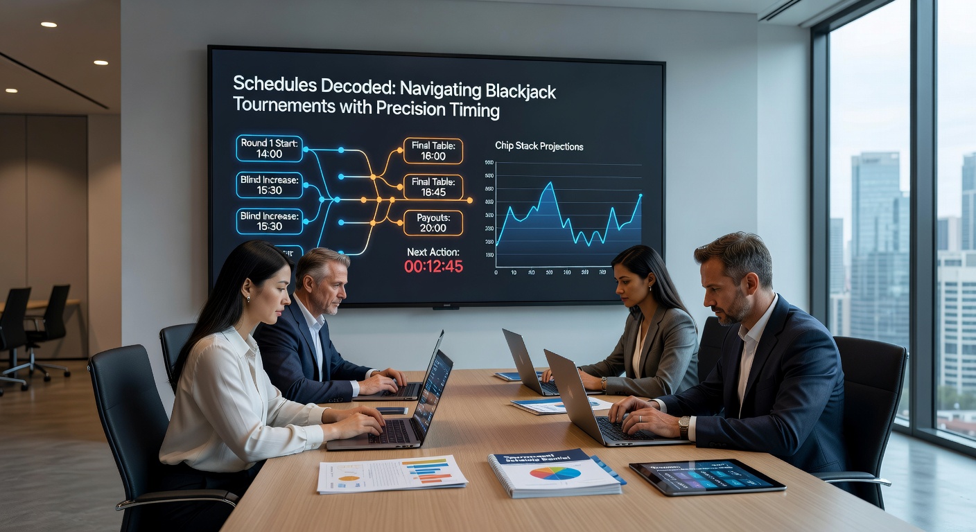 Detaillierter Zeitplan eines Blackjack-Turniers mit Uhrzeiten, Runden und Break-Ankündigungen auf einem digitalen Display