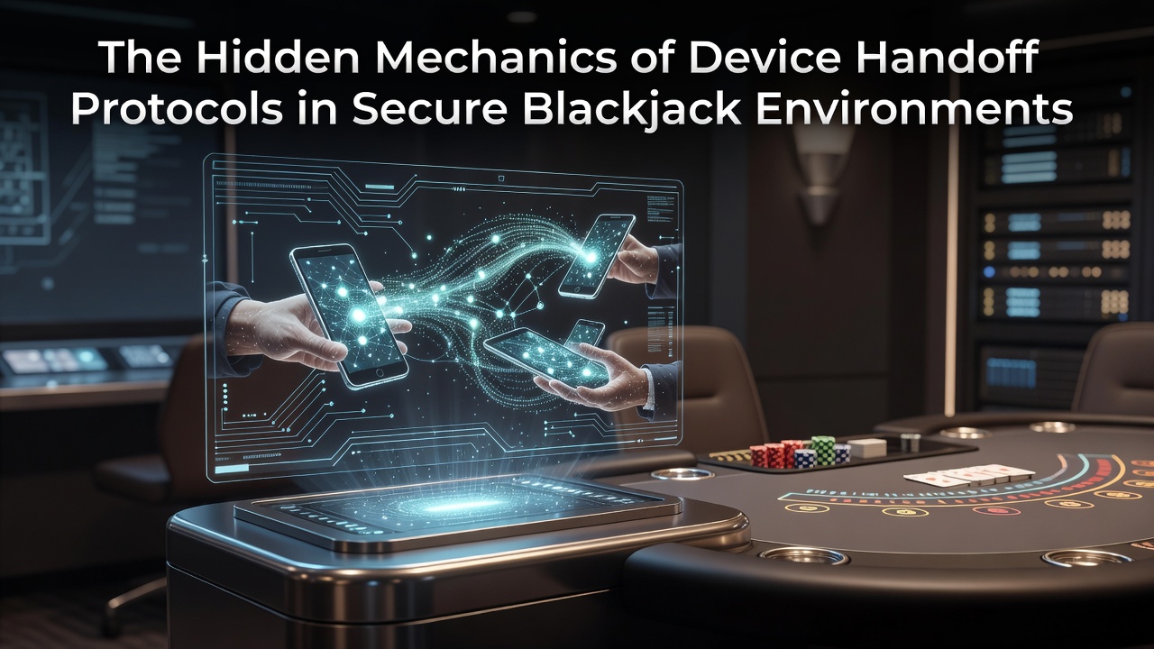 Illustration der Geräteübergabe in sicheren Blackjack-Plattformen mit verschlüsselten Verbindungen zwischen Mobilgeräten und Desktops